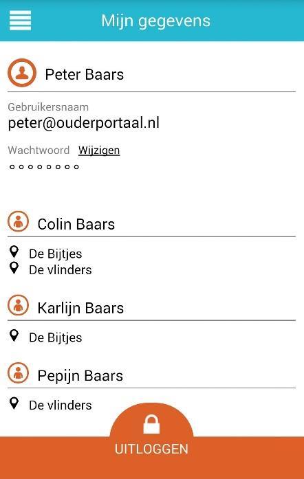 Mijn gegevens, via de app Hier ziet u uw gebruikersnaam, kunt u het wachtwoord wijzigen en ziet u op welke locaties uw kinderen opvang hebben.