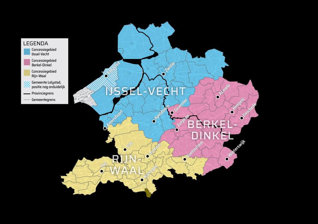 Indeling in 3 gebiedsconcessies Vervoerkundige analyses van de provincies en Goudappel Coffeng leiden tot de keuze voor een indeling in drie concessiegebieden.