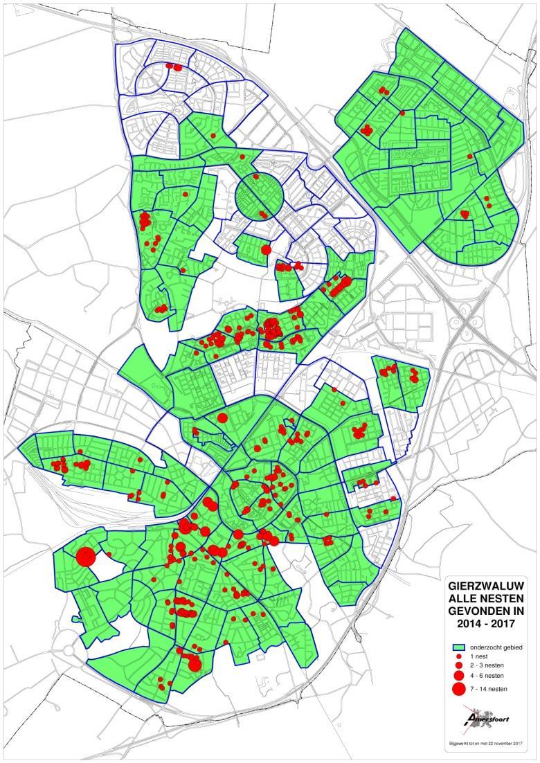 Figuur 9:Overzicht van alle aangetroffen nestlocaties in de onderzochte gebieden (groene vlakken) in 2014 t/m 2017. De broedplaatsen zijn niet evenredig verdeeld over de stad.
