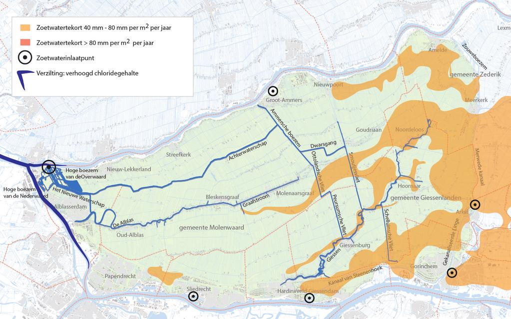 8. Zoetwatertekort in de huidige klimaat situatie De kaart toont locaties waar het cumulatieve vochttekort in de bodem groter is dan 40 mm. Twee arbitraire klassen zijn gedefinieerd.