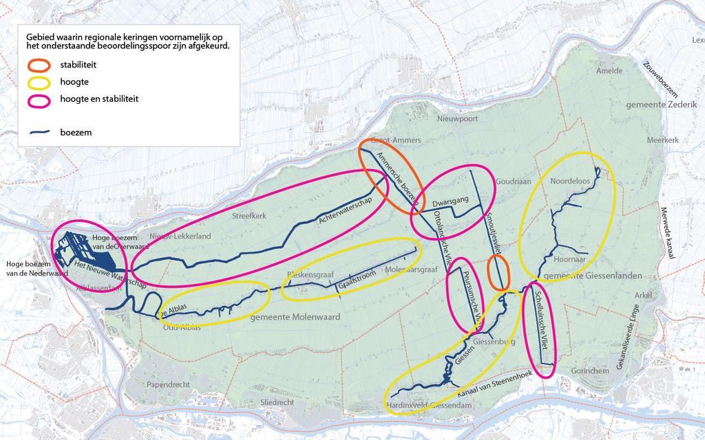 13. Opgave regionale keringen in de Alblasserwaard op hoofdlijnen De kaart toont in zijn algemeenheid de locaties waar keringen zijn afgekeurd op basis van de veiligheidstoetsing regionale