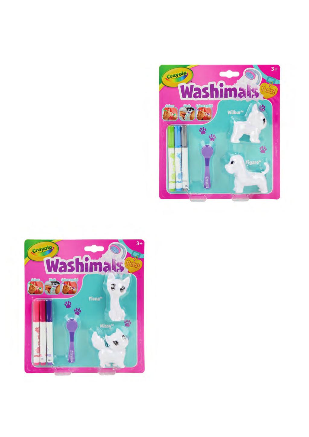 CC040054 Washimals Honden (navulling) Bevat twee nieuwe dieren om steeds weer opnieuw te decoreren, drie afwasbare viltstiften en schoonmaakborsteltje.