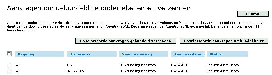 Let op: aanvragen die nog de status concept hebben, verschijnen niet in dit overzicht. Indien er bepaalde aanvragen nog gewijzigd moeten worden, moeten deze eerste uit de bundel worden gehaald.