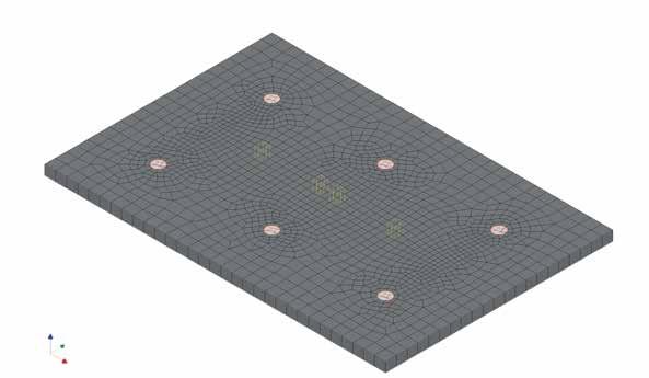 Configuratie van twee jukken rug-aan-rug EEM-model van de vloer met palen (rood) en puntlasten (geel) 45 kn/m. Dit is dus een fractie lager dan de veranderlijke vloerbelasting.