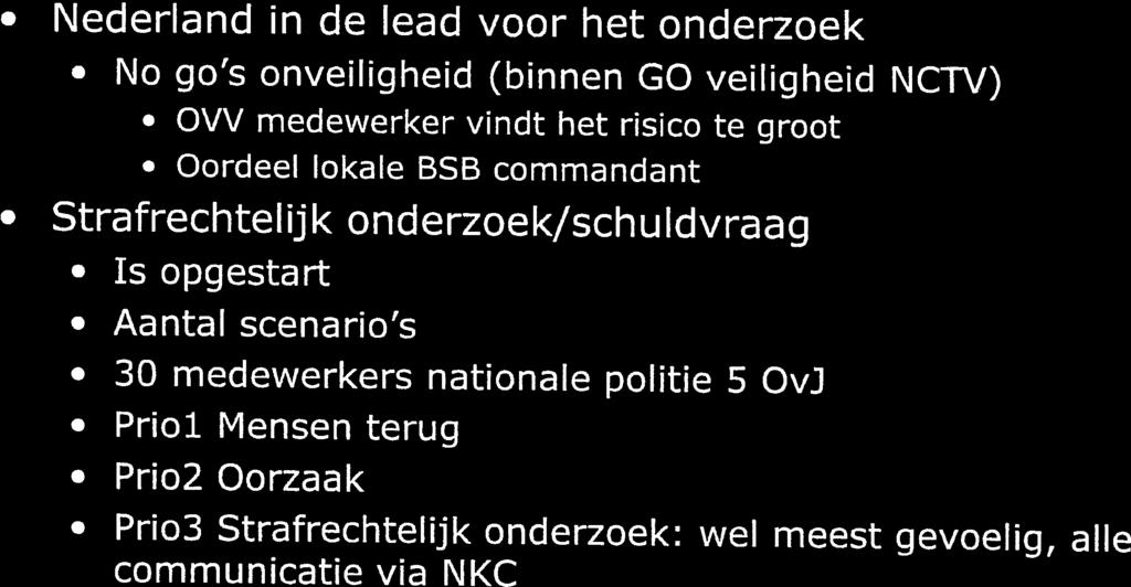 Nederland in de lead voor het onderzoek No go s onveiligheid (binnen GO veiligheid NCW) OVV medewerker vindt het risico te groot Oordeel lokale BSB commandant Strafrechtelijk