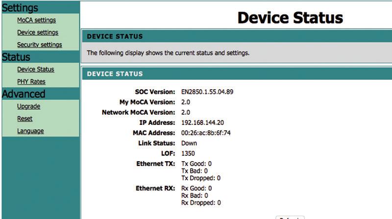 Instellen van de MoCA adapter Device Status U kunt hier zien wat de