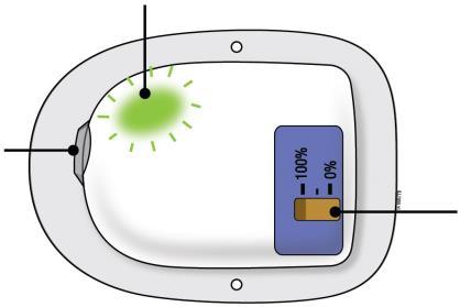 Overzicht van de onderdelen van de on-body -injector voor Neulasta Groen knipperend statuslampje Canulevenster Vullingsindicator De on-body -injector werkt naar behoren.