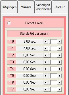 Klik op de bovenste regel op en daarna op. Klik in het tabblad op Timers, zoals hiernaast staat. Er zijn 8 timers beschikbaar. Met de scrol bar kunt u de timers instellen. Zet T0 op 2 seconden.