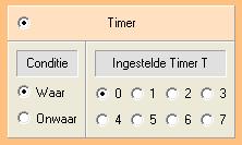 Maak op regel 7 een conditie aan en wijzig deze, stel op het tabblad Tijd of Timers in. Stel daarna Timer 0 in zoals hiernaast afgebeeld is. Dus Waar en T0 instellen.