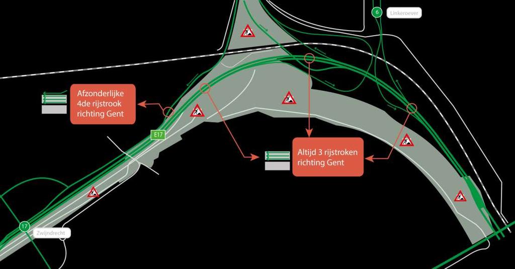 Verkeer van Kennedytunnel richting E17: altijd 3 rijstroken Verkeer