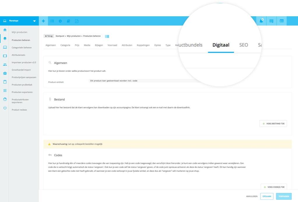 Figuur 3 - instellingen digitaal product Kies eerst het soort product om te kiezen of je een downloadbaar product of een product met codes of een combinatie van download met codes wilt verkopen.