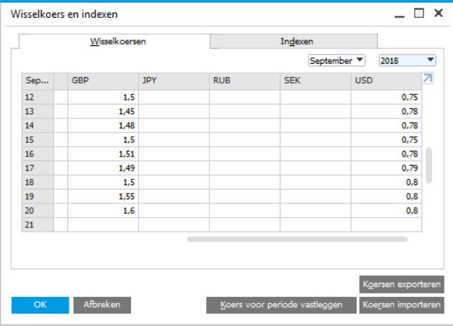 SAP Business One Wisselkoersen Per dag/periode, per valuta wisselkoersen in te stellen Wisselkoersen