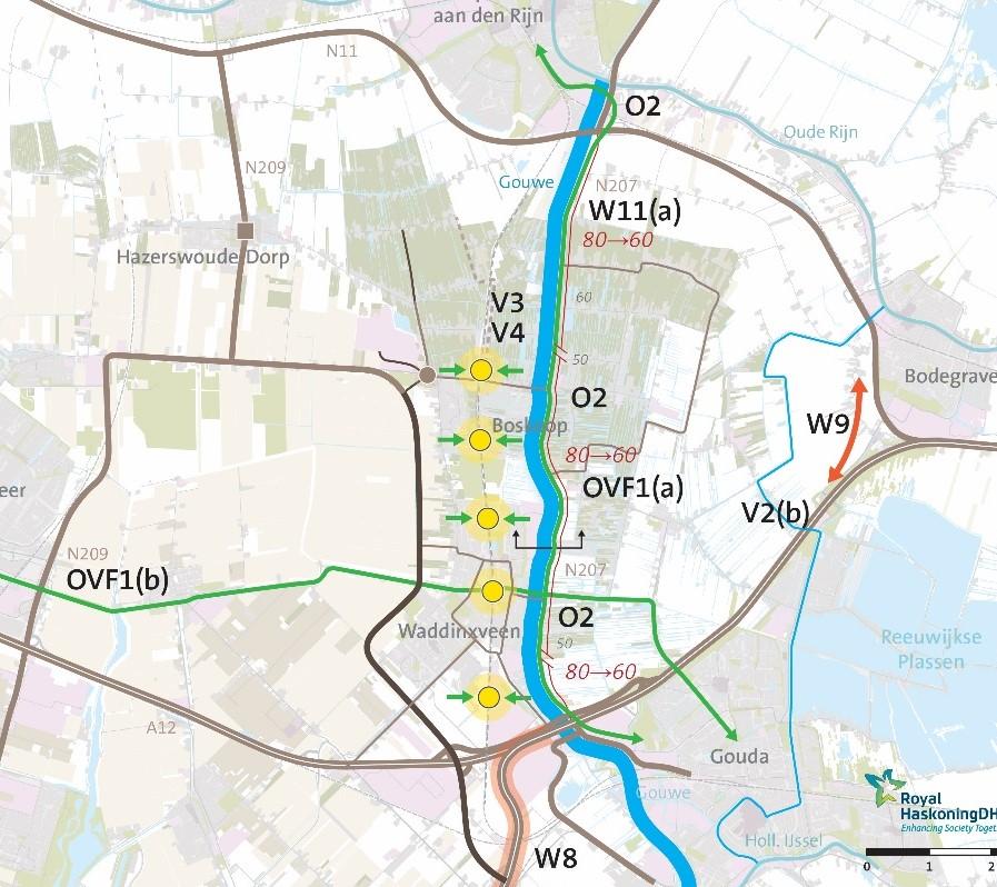 5.5 Scenario 2: Sterke Gouwe 5.5.1 Effecten wegverkeer Door de directe verbinding tussen de N11 en de A12 bij Bodegraven ontstaat een alternatieve route voor verkeer tussen Alphen aan den Rijn en Gouda.