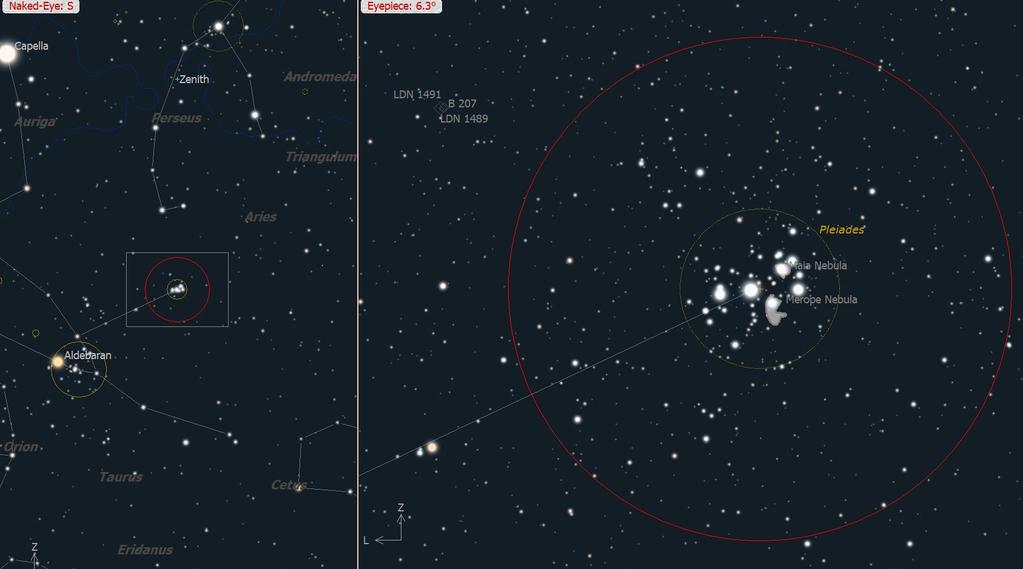 M45: de Pleiaden of het Zevengesternte, in Taurus Erg mooi in een verrekijker.