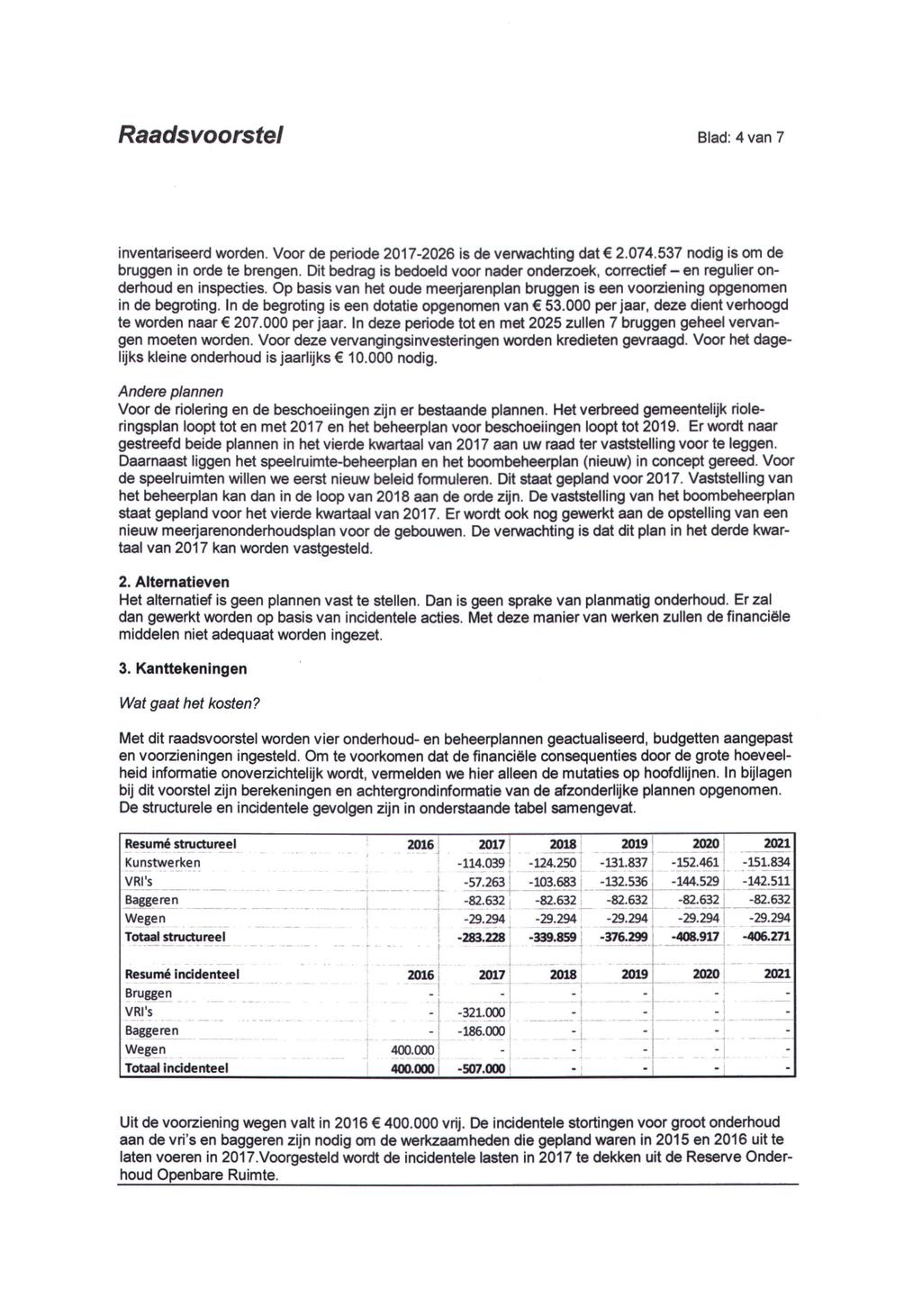 Raadsvoorstel Blad: 4 van 7 inventariseerd worden. Voor de periode 2017-2026 is de verwachting dat 2.074.537 nodig is om de bruggen in orde te brengen.