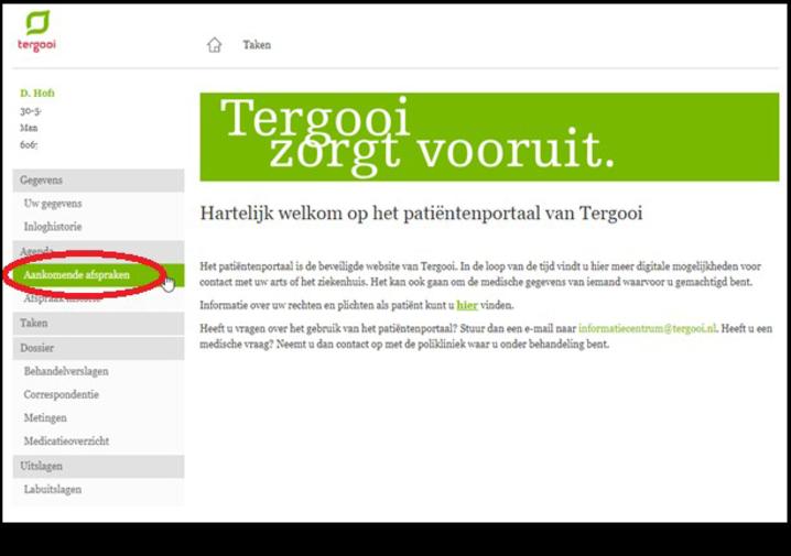 Handleiding voor laptop/computer Stap 1. Log in op het patiëntenportaal Mijn Tergooi. Dit doet u via de website van Tergooi (www.tergooi.nl) of direct via https://mijn.tergooi.nl/.
