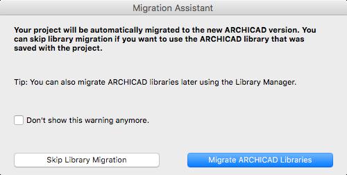 Open het project in de nieuwste ARCHICAD versie Het dialoogvenster Migration Assistant komt automatisch op Kies voor Migrate ARCHICAD Libraries Bij het migreren van projecten waarin de ARCHICAD KME