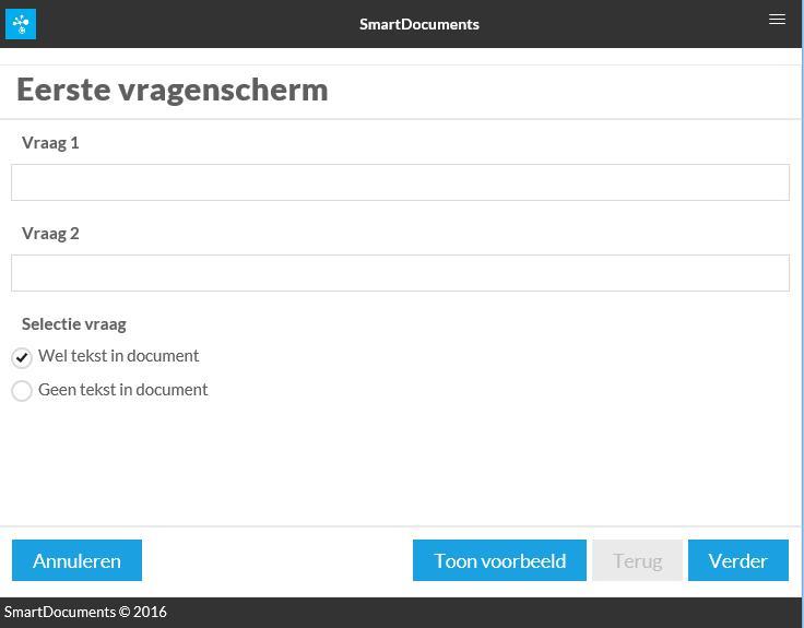 3.2. Vragenscherm in de wizard In SmartDocuments bevatten de vragenschermen vragen om de variabele