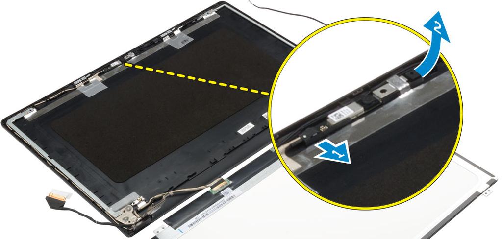 3 Verwijder de camera als volgt: a Koppel de camerakabel los van de connector op de beeldschermmodule [1]. b Til de camera weg van het beeldscherm [2].