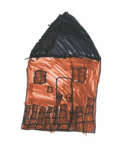 Tekening Een klein meisje tekent haar droomhuis van bakstenen.