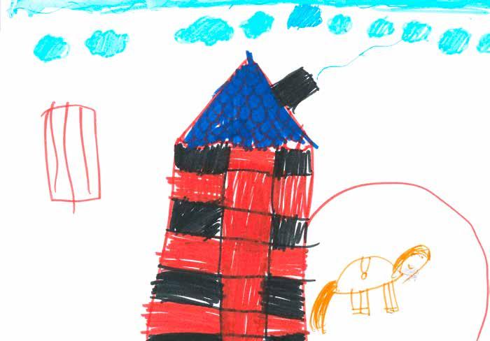 Tekening Een meisje tekent haar droomhuis. Er staat een paard voor de deur. De zwarte vlakken zijn de gordijnen die gesloten zijn.