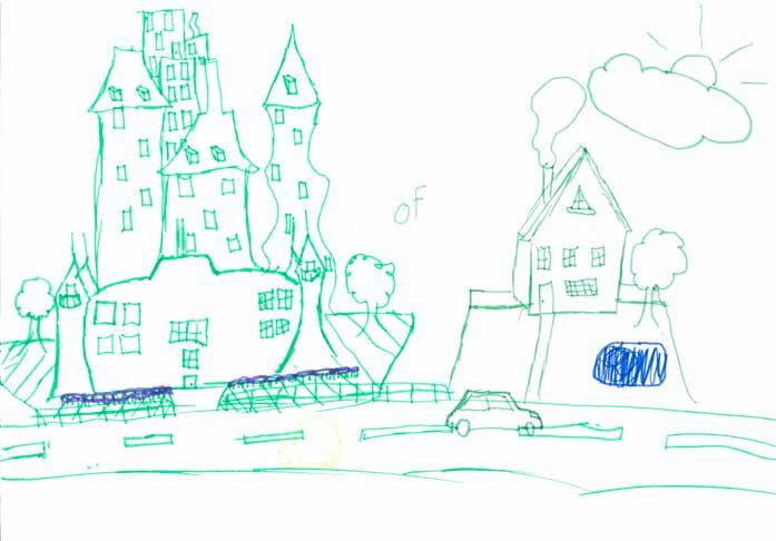 Tekening Een jongen tekent 2 opties als droomhuis. Een kasteel in het bos of een huis met een haard.