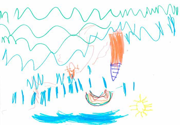 Tekening Een klein meisje tekent haar droomhuis, met een zon, regen en een regenboog.