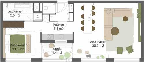 De ramen in de woon- en slaapkamer zijn bijna over de volledige hoogte van vloer tot plafond, waardoor er veel lichtinval in het appartement is.