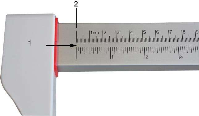 7 Montage Montage van de schaal voor meting van de lichaamslengte: Op de linker kant van de schaal de hoofdbegrenzer (1)