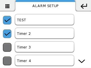 ALARM OPTIES - TIMER» Het systeem wordt bijgewerkt. Met deze optie kunt u de timers voor het inschakelen van de alarmcentrale activeren en deactiveren. ALARM» Het symbool wordt blauw.