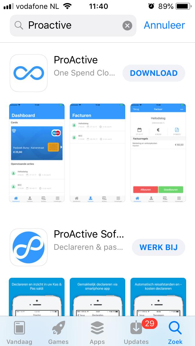 3. Installatie voor ios Wanneer u de ProActive app wilt installeren op uw ios toestel, dient u de Apple Appstore te openen. Vanuit hier kunt u de app installeren.