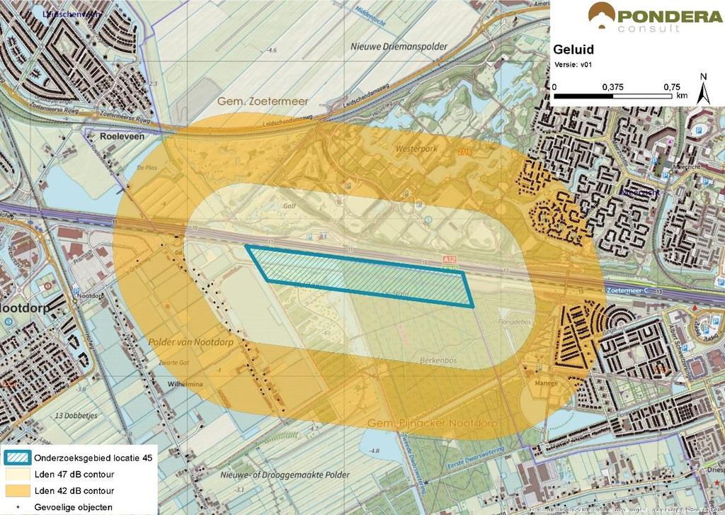 669 Leefomgeving Geluid In onderstaande figuur staan de verschillende afstandscontouren Lden = 47 db en Lden = 42 db, de gevoelige objecten en stiltegebieden in de omgeving.