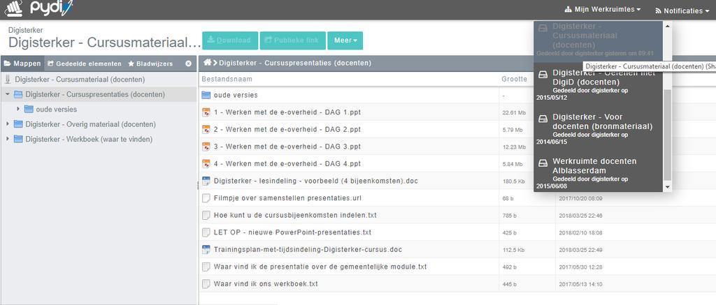 Het Pydio systeem kunt u verder ook als een soort Dropbox gebruiken om eigen samengesteld cursusmateriaal met mede docenten te delen. Ga naar www.digisterker.