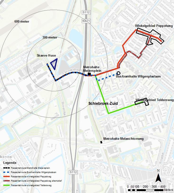 Figuur 5.2 Potentiële passantenroutes in Schiebroek Het laagste aantal meldingen en misdrijven doet zich voor bij de passantenroute metro Meijersplein (tabel 5.5).