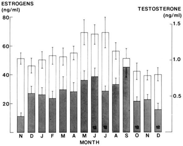 Figuur 3: Testosteron concentratie (Gevulde staven) en oestrogenen concentratie (Lege staven) in het perifeer bloed bij de volwassen hengst gedurende 14 maanden (Naar Raeside et al. 1978).
