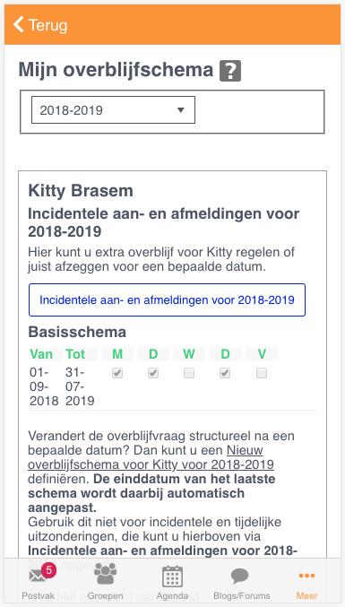 Open de App en navigeer naar Meer (zie Afbeelding 29); Kies onder Functie voor de optie Mijn overblijfschema ; Klik op de knop Incidentele aan- en afmeldingen voor 'Schooljaar' (zie