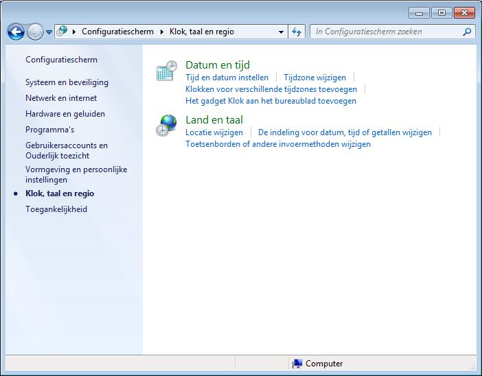 Windows 7 bij Klok, taal en regio onder Land en taal op De indeling voor datum, tijd of getallen