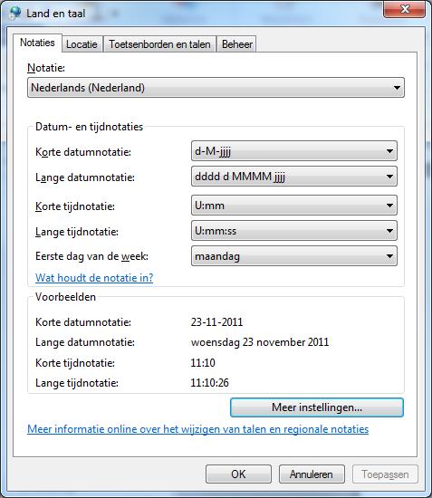 Wijzig bij Notatie de instelling Nederlands (Nederland) in Engels (Verenigde Staten) en klik op OK.