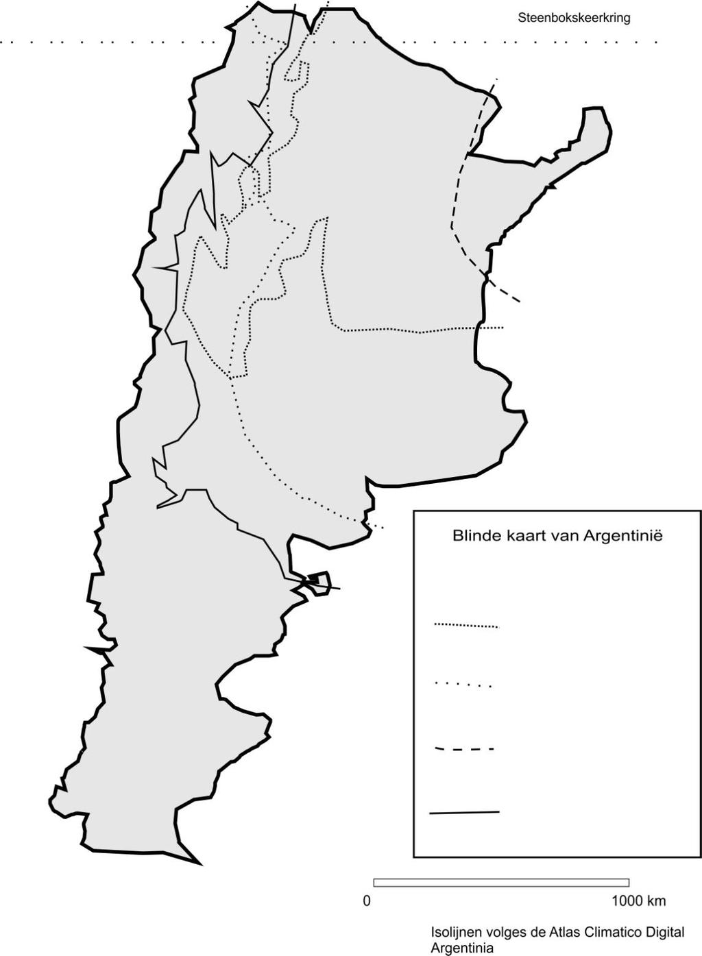 5 Tarweteelt in Argentinië: kaart opmaken 5.1 Op de kaart vind je de nodige isothermen en isohyeten om de teeltgrenzen van tarwe te kunnen tekenen.