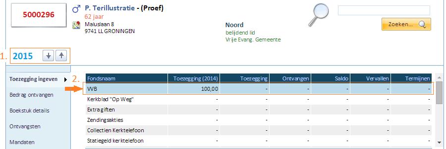 Vanaf de bijdragekaart kunt u via de zoekbalk (1) het juiste lid selecteren (2). Na het selecteren van het gewenste lid wordt nu automatisch de bijdragekaart van het betreffende lid geopend.