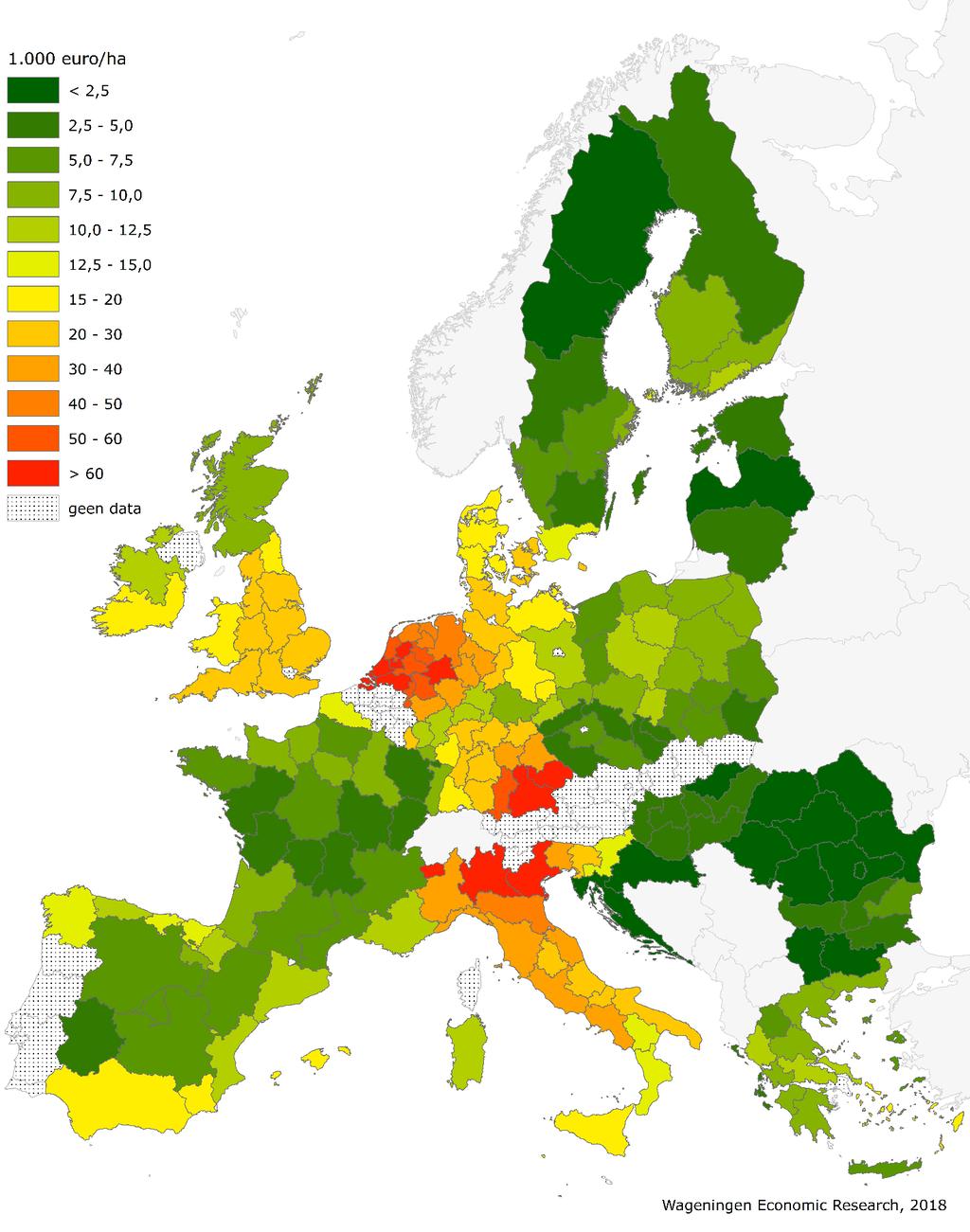 Regionale agrarische grondprijzen in de EU in 2016 Figuur 2 Regionale (NUTS 2-niveau) a) agrarische grondprijzen