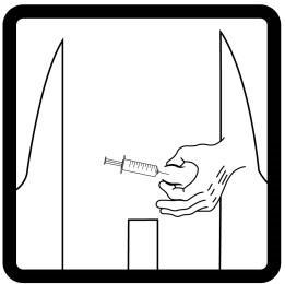5. Pak de spuit, trek de beschermdop van de naald en steek de naald door de rubberen stop op het Methoxedine spuit-injectieflesje. 6.