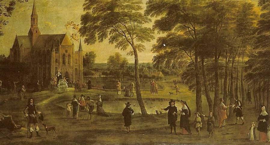Schilderij van Pieter Hals. De O.L.V. kerk ca 1680. Ik denk dat onze schilder teveel jenevertjes had gedronken hij zag engeltjes vliegen naar de kerk!!! Gent St Pietersplein!