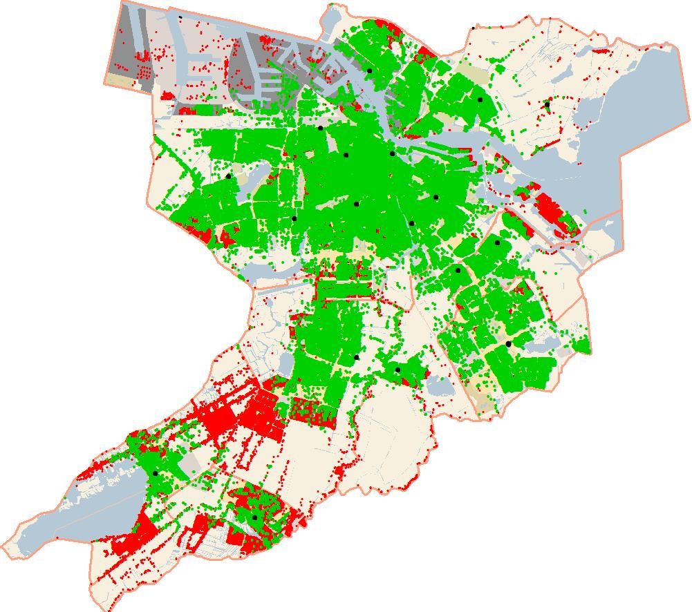 Gebied Binnen norm Buiten norm Regio 65% 35% Amsterdam 70% 30% Amstelveen 60% 40% Diemen 79% 21% Aalsmeer 22% 78% Ouder-Amstel 81% 19% Uithoorn 16% 84% 14 Figuur 4 Een geografische weergave van de