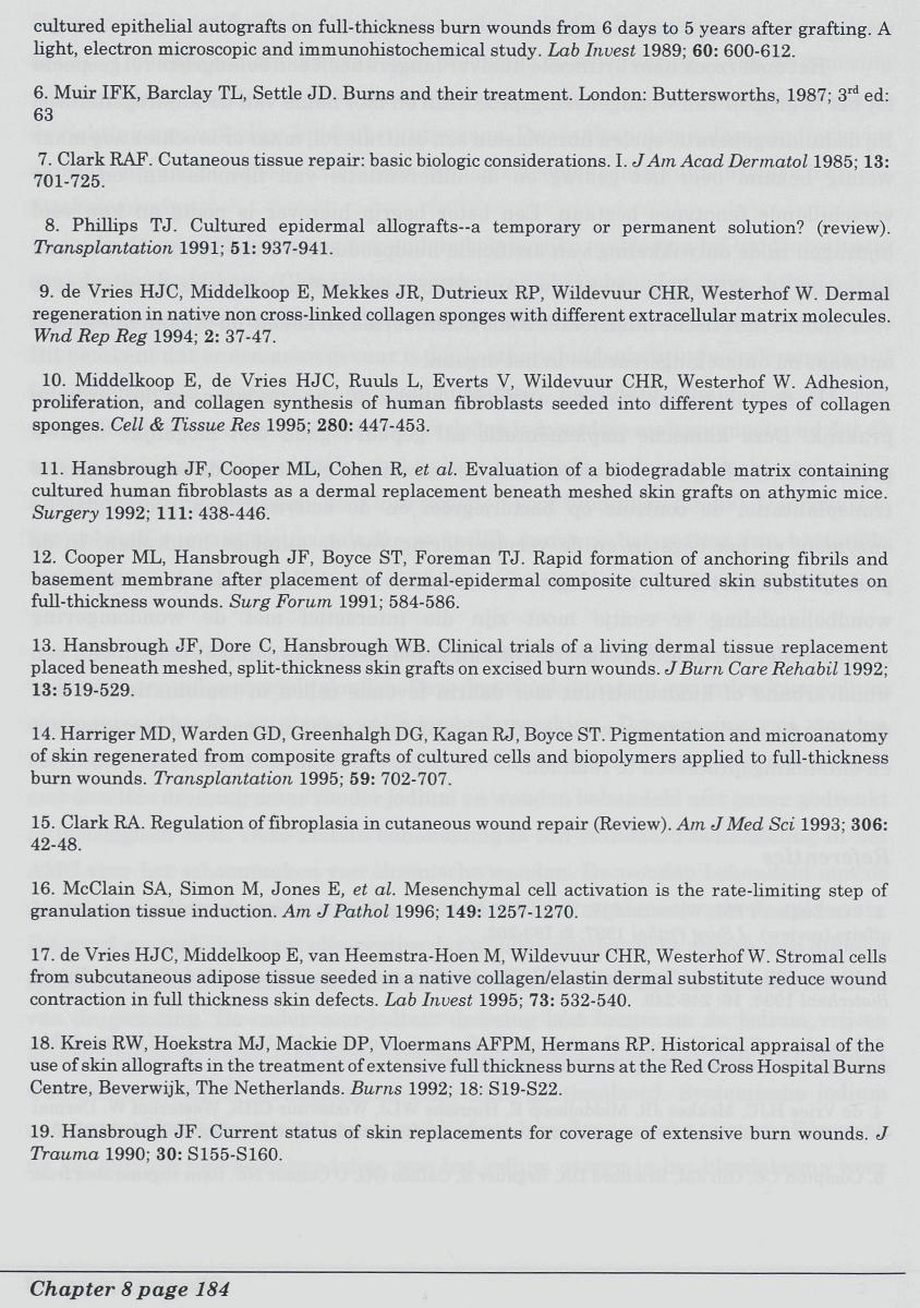 cultured epithelial autografts on full-thickness burn wounds from 6 days to 5 years after grafting. A light, electron microscopic and immunohistochemical study. Lab Invest 1989; 60: 600-612. 6. Muir IFK, Barclay TL, Settle JD.