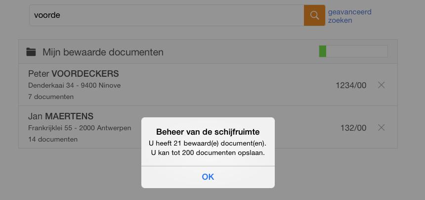 Als u nu terugkeert naar het zoekscherm ziet u alle verzekeringsnemers met lokaal bewaarde documenten. De gebruikte schijfcapaciteit wordt met een progressiebalk aangegeven.