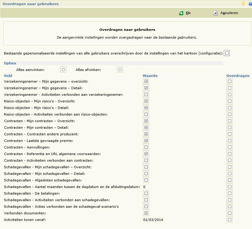 De aangevinkte parameters worden overgedragen naar alle gebruikers.