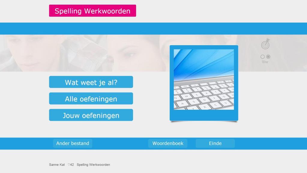 Het beginscherm van Spelling werkwoorden met de knop Wat weet je al? waaronder alle toetsen zitten en de knop waaronder alle oefeningen te vinden zijn.