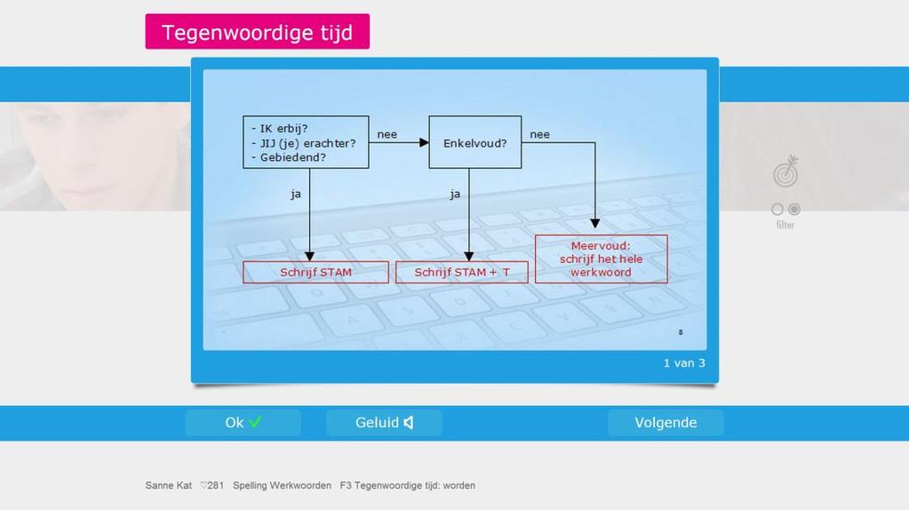 UITLEGSCHERMEN Bij elke oefening horen een of meer uitlegschermen. Daarin wordt met behulp van schema's, regels en voorbeelden uitgelegd wat de bedoeling is.