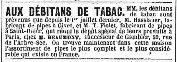 Jaarboek van de PKN, stichting voor onderzoek historische tabakspijpen, 2017 Afb. 16. Advertentie uit La Presse, 1845. Beaumont op de Rue de L Arbre Sec.